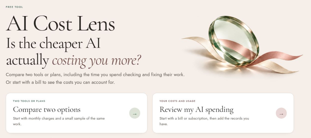AI Cost Lens welcome screen with a glass lens illustration and two choices: Compare two options or Review my AI spending