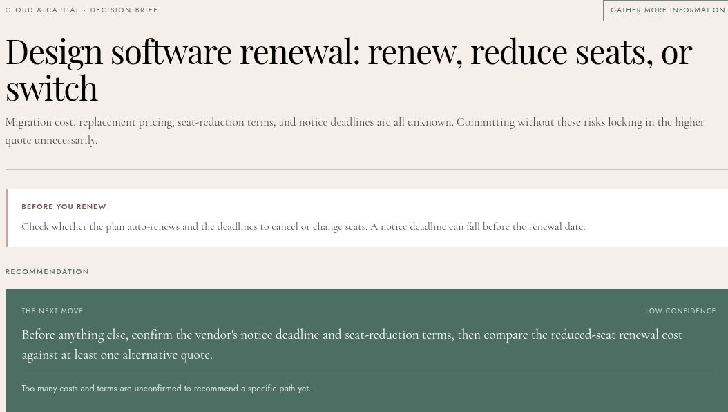 An actual Interactive Lab renewal brief recommending that the visitor confirm notice and seat-change terms before choosing