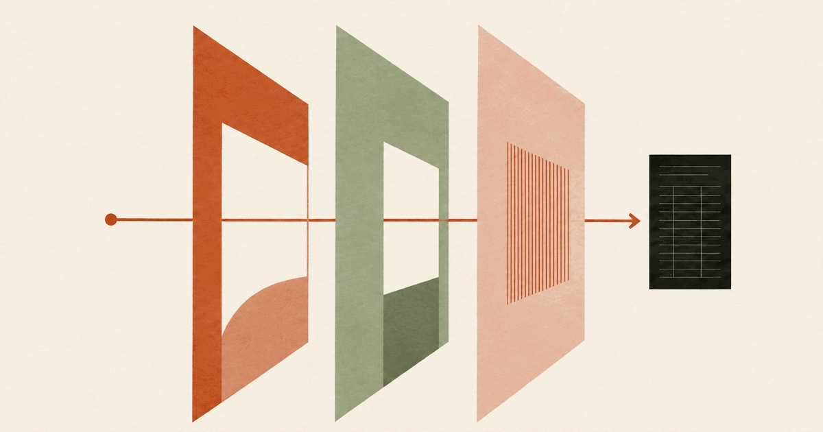 Editorial cover for The Decision Layer showing three architectural gates leading to a ledger